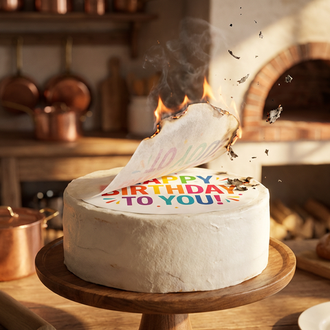 Burn-away cake with wafer paper burning to reveal a colorful birthday message - tutorial at Gloria's Cake and Candy Supplies in Culver City CA