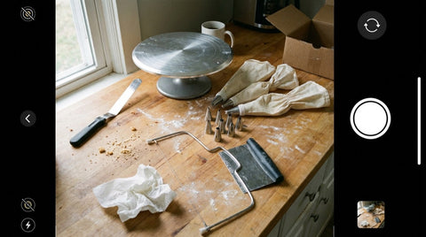 Cake decorating tools laid out on a kitchen counter: offset spatula, turntable, piping bags, and tips
