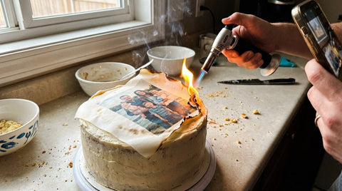 Burn-away cake reveal with wafer paper being torched to show photo underneath