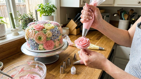 Piping a pink buttercream rose on a flower nail with completed floral cake nearby