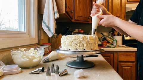 Piping buttercream rosettes on a layer cake in a home kitchen