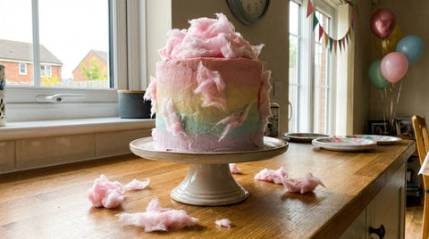 Pink cotton candy cake with ombre buttercream and cotton candy wisps on top