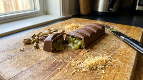Sliced Dubai chocolate bar showing pistachio kunafa filling on a cutting board