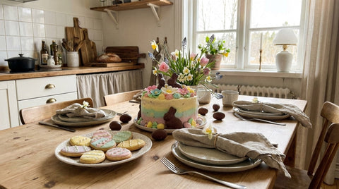 Decorated Easter cake and cookies on a kitchen table set for a spring gathering