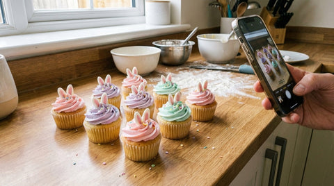 Decorated Easter cupcakes with pastel buttercream and fondant bunny ears