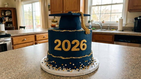Navy and gold graduation cake with fondant cap and 2026 decoration