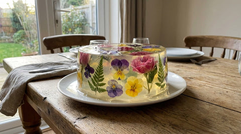 Translucent 3D jelly cake with colorful flowers suspended inside clear gelatin