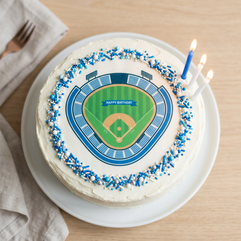 Birthday cake with Dodgers stadium edible image topper, overhead view