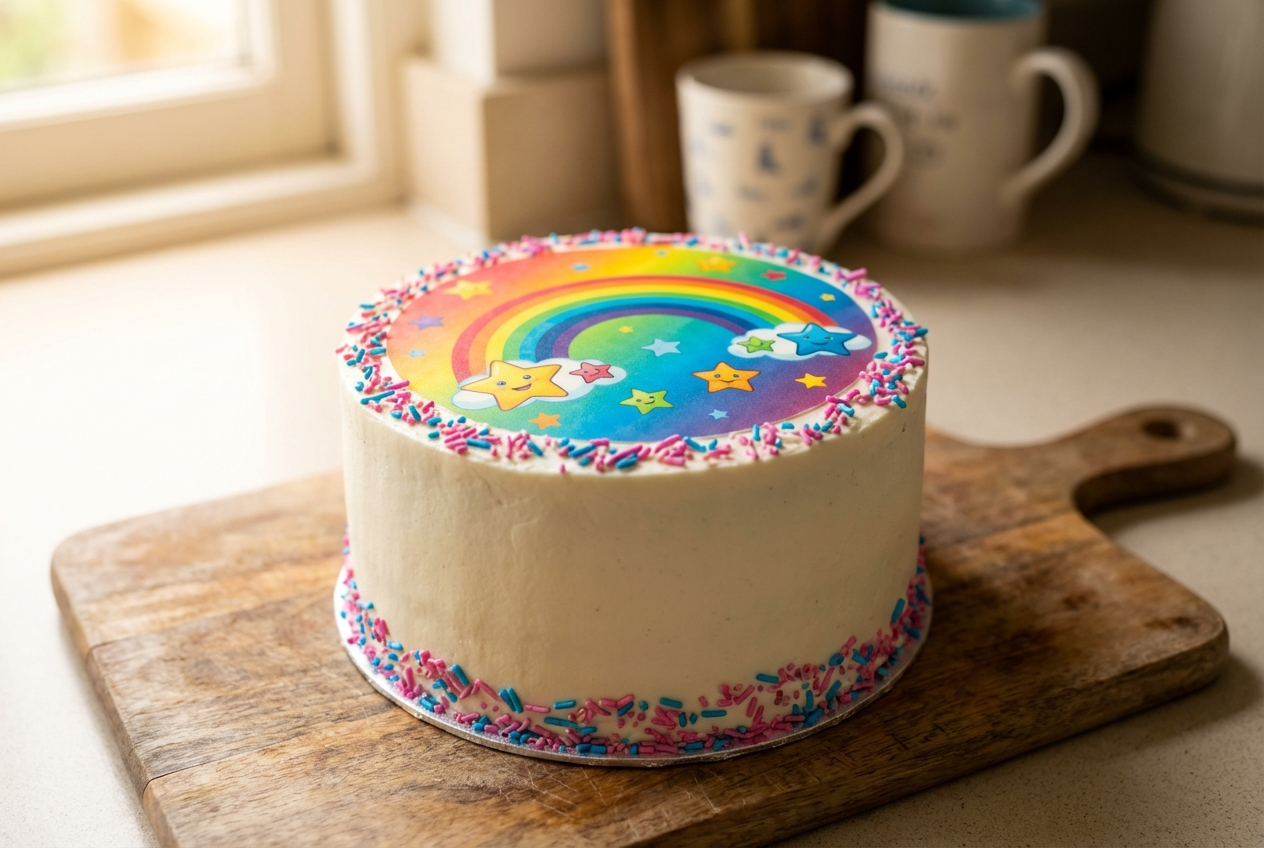 A custom edible image printed on a frosting sheet, placed on top of a cake